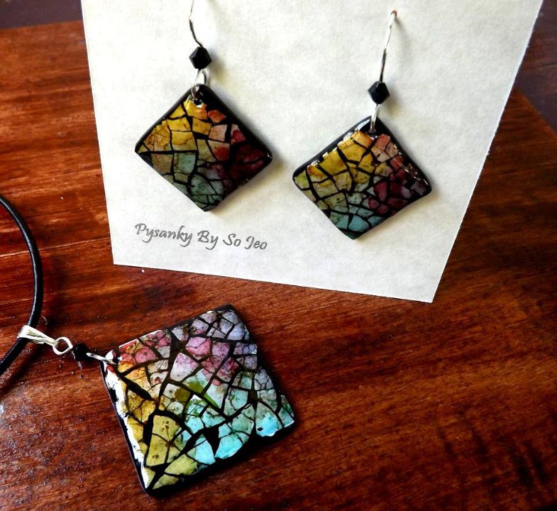 Rainbow Diamond Earrings and Pendant 2 Eggshell Mosaic Jewelry by So Jeo
